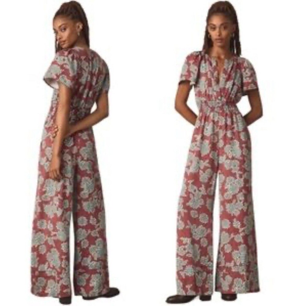 Anthropologie Wide-Leg Floral‎ Jumpsuit XS Brick Red Teal Short Sleeve NWT